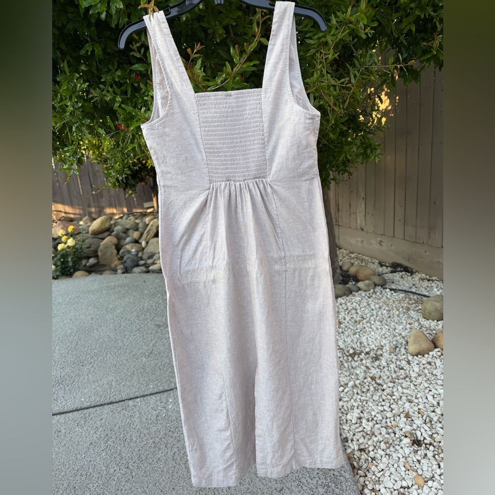 Old Navy Beige Linen-Blend Smocked Midi Dress